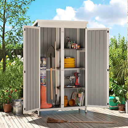 Garden Shed, Small Garden Storage Shed with 3 Removable Shelves and Double Doors, Fir Wood and Steel Tool Storage Cabinet for Tools, Equipment, White and Black
