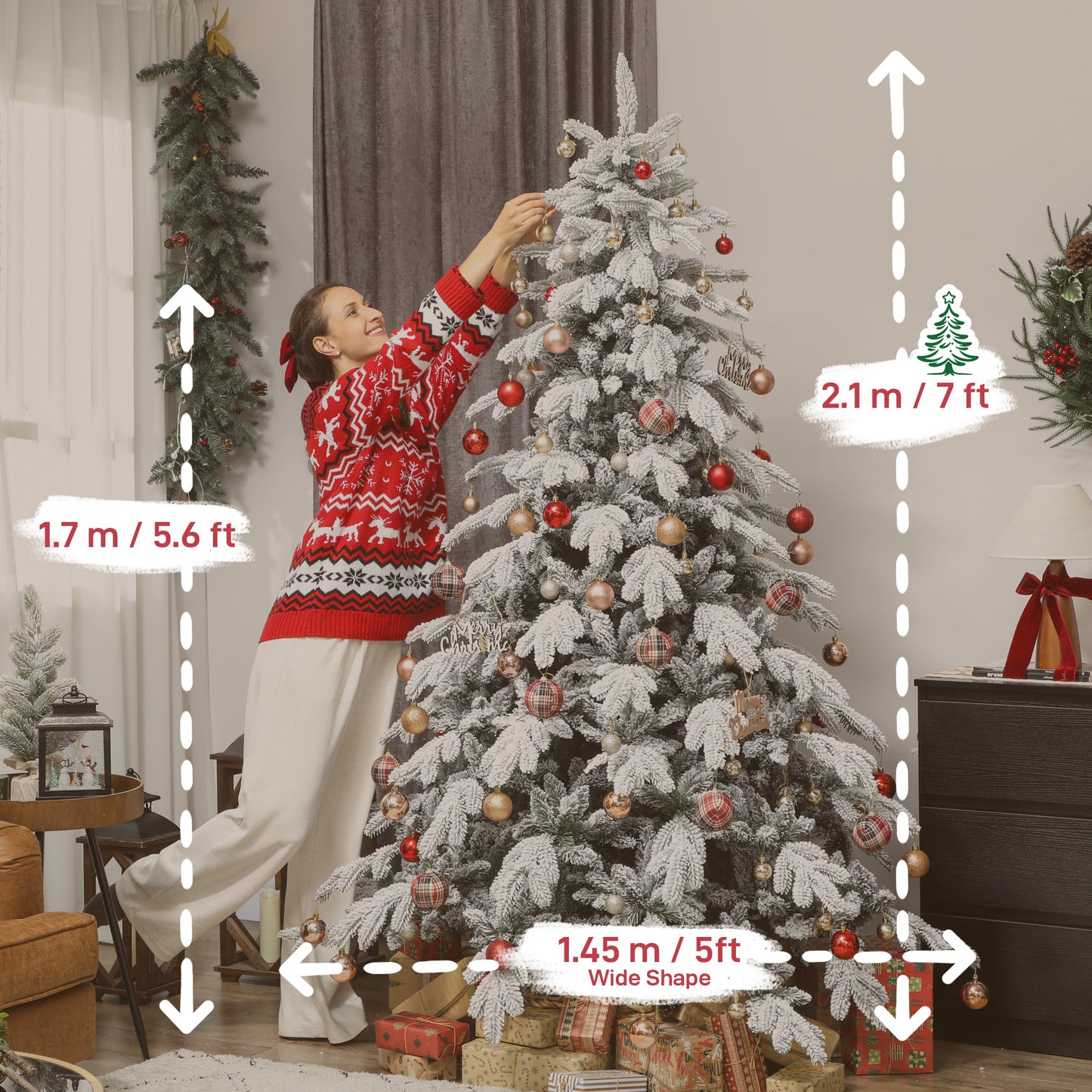 7ft Christmas Tree with Flocked Realistic Tips, Hinged Xmas Tree