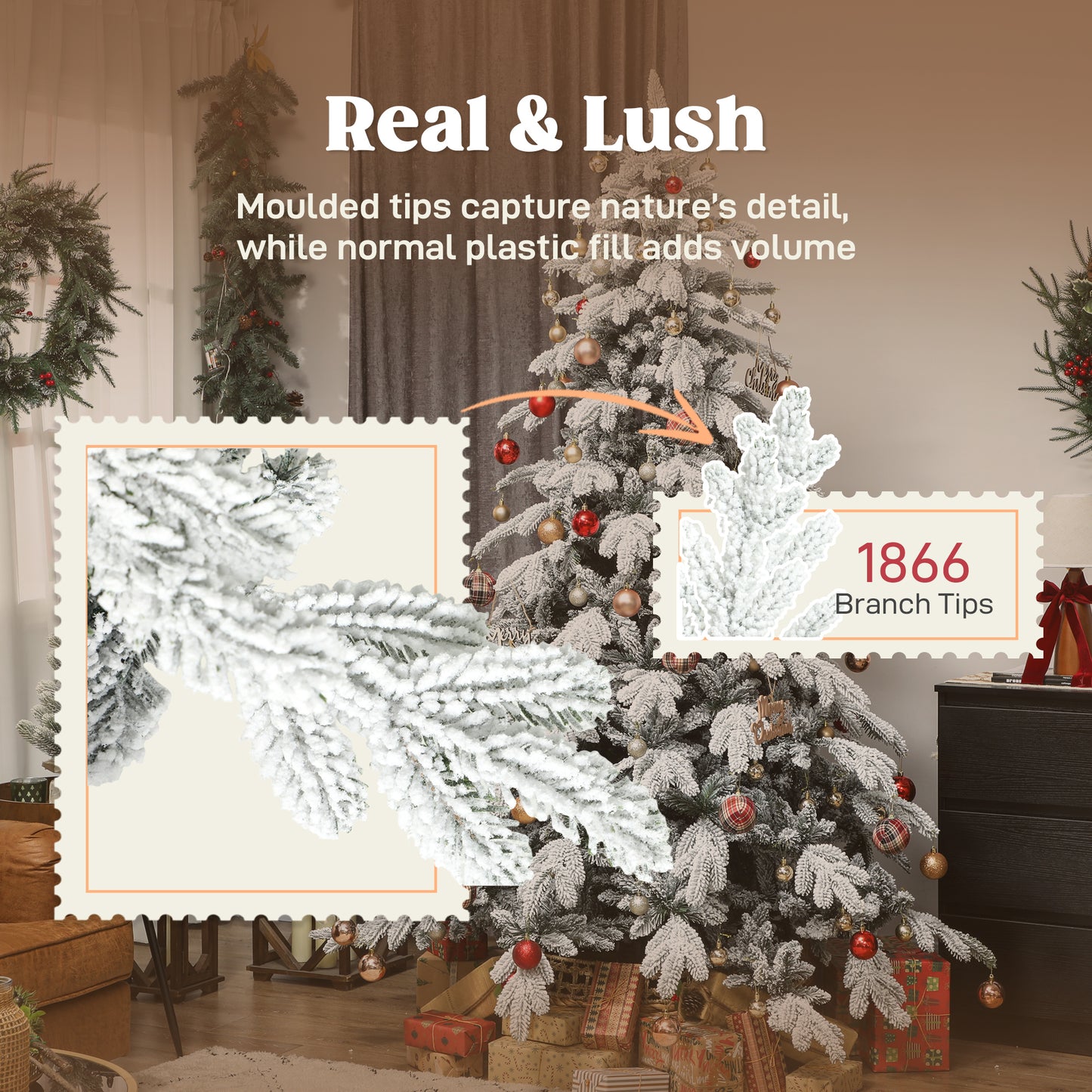 7ft Christmas Tree with Flocked Realistic Tips, Hinged Xmas Tree