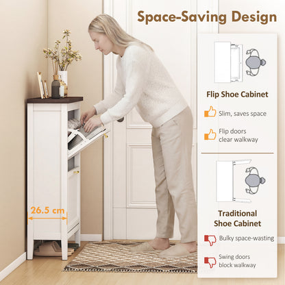 Shoe Cabinet with 2 Flip Drawers, Narrow Shoe Storage Cabinet, White