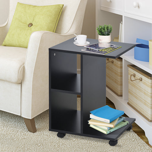 C-Shape End Table Unique Storage Unit w/ 2 Shelves 4 Wheels Freestanding Home Office Furniture Cabinet Square Studio Black