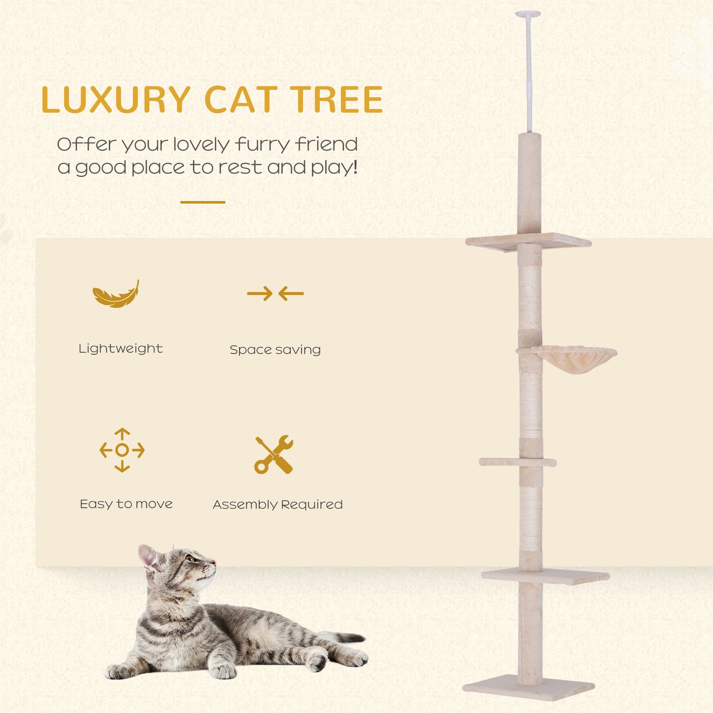 Floor to Ceiling Cat Tree for Indoor Cats 5-Tier Kitty Tower Climbing Activity Center Scratching Post Adjustable Height 230-260 cm Beige