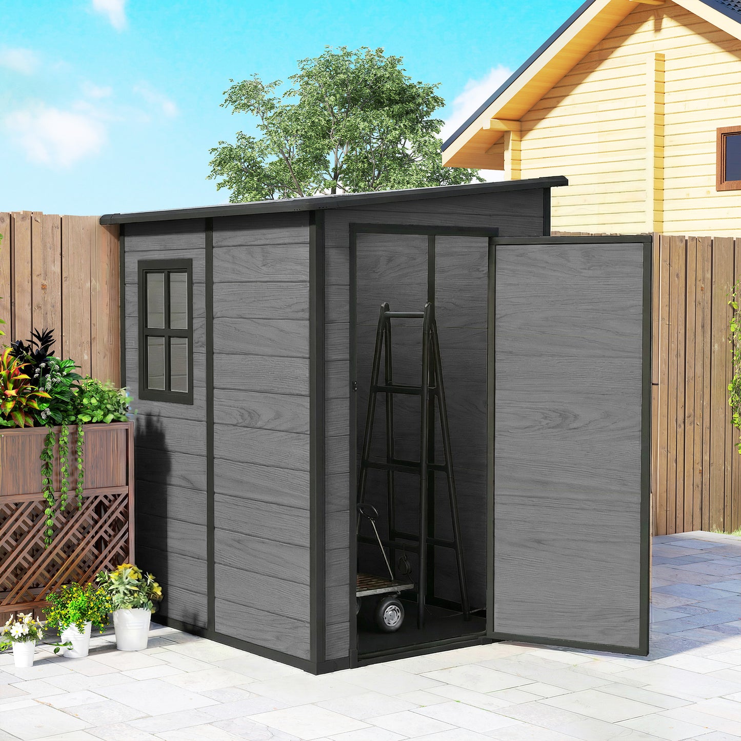 Lean to Garden Shed, Plastic Tool Storage House w/ Lockable Door