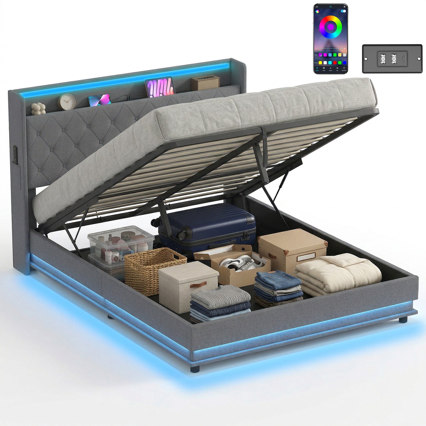 5ft King Bed Frame with Headboard, Platform Bed Frame with Hydraulic Storage, LED Lights and Charging Station, Grey