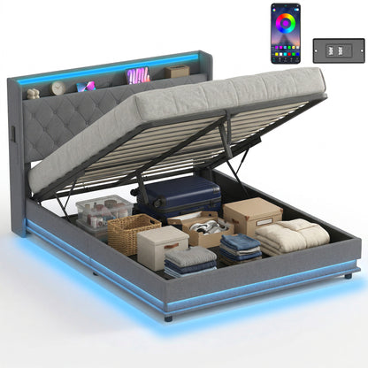 5ft King Bed Frame with Headboard, Platform Bed Frame with Hydraulic Storage, LED Lights and Charging Station, Grey