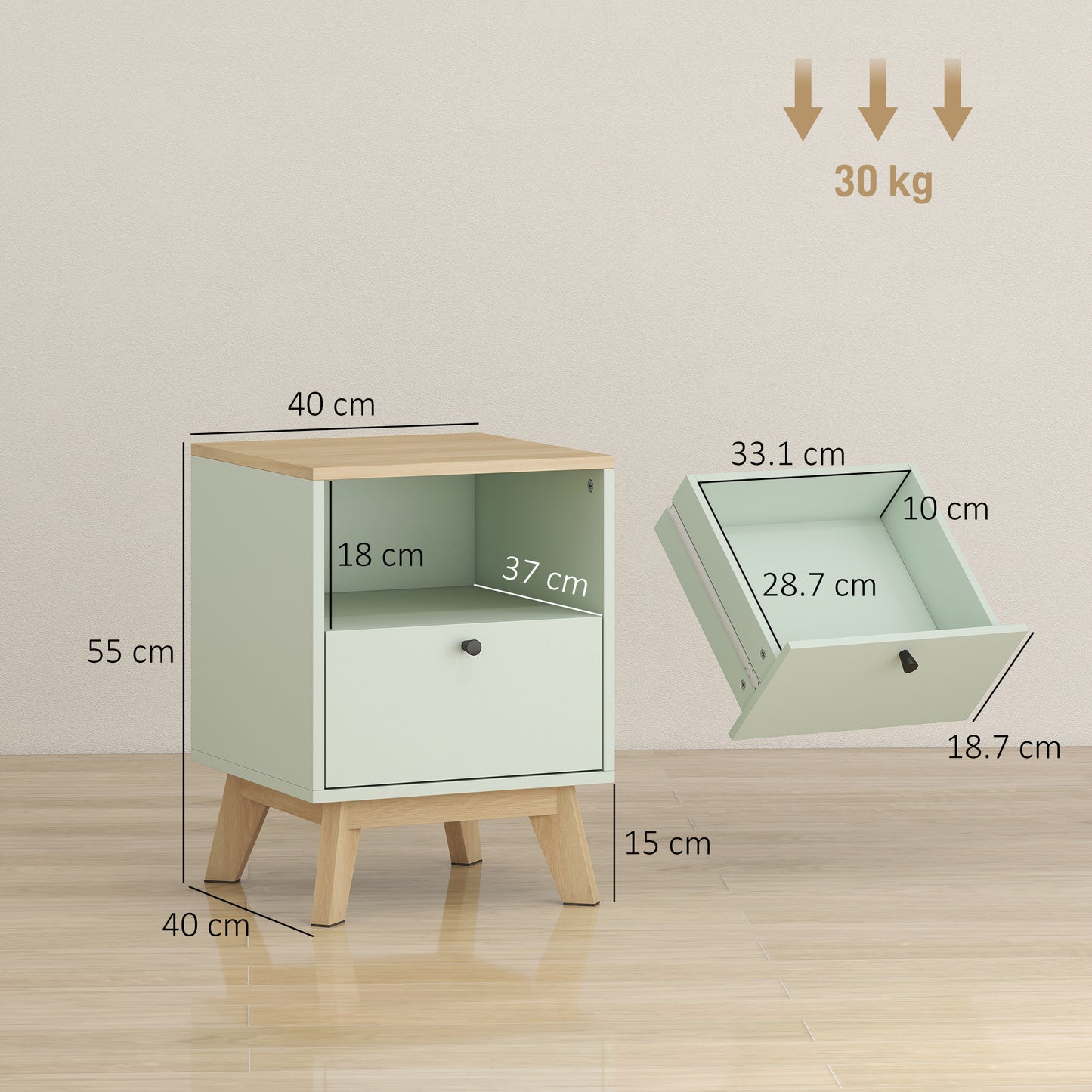 Modern Nightstand Set of 2, Bedside Table with Drawer and Open Shelf