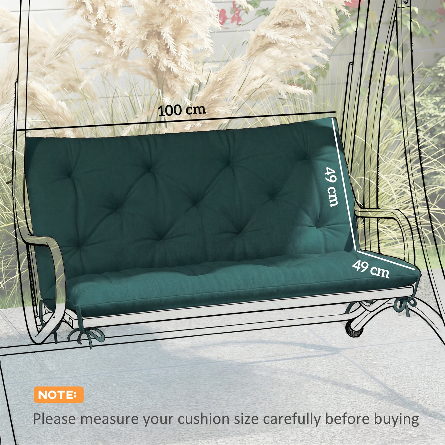 2 Seater Bench Pad, Chair Cushion with Back and Ties, Green
