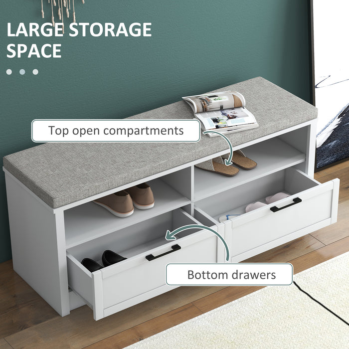 Shoe Bench with Removable Cushion, Shoe Storage Bench with Padded Seat, Open Compartments and Drawers for Entryway Hallway