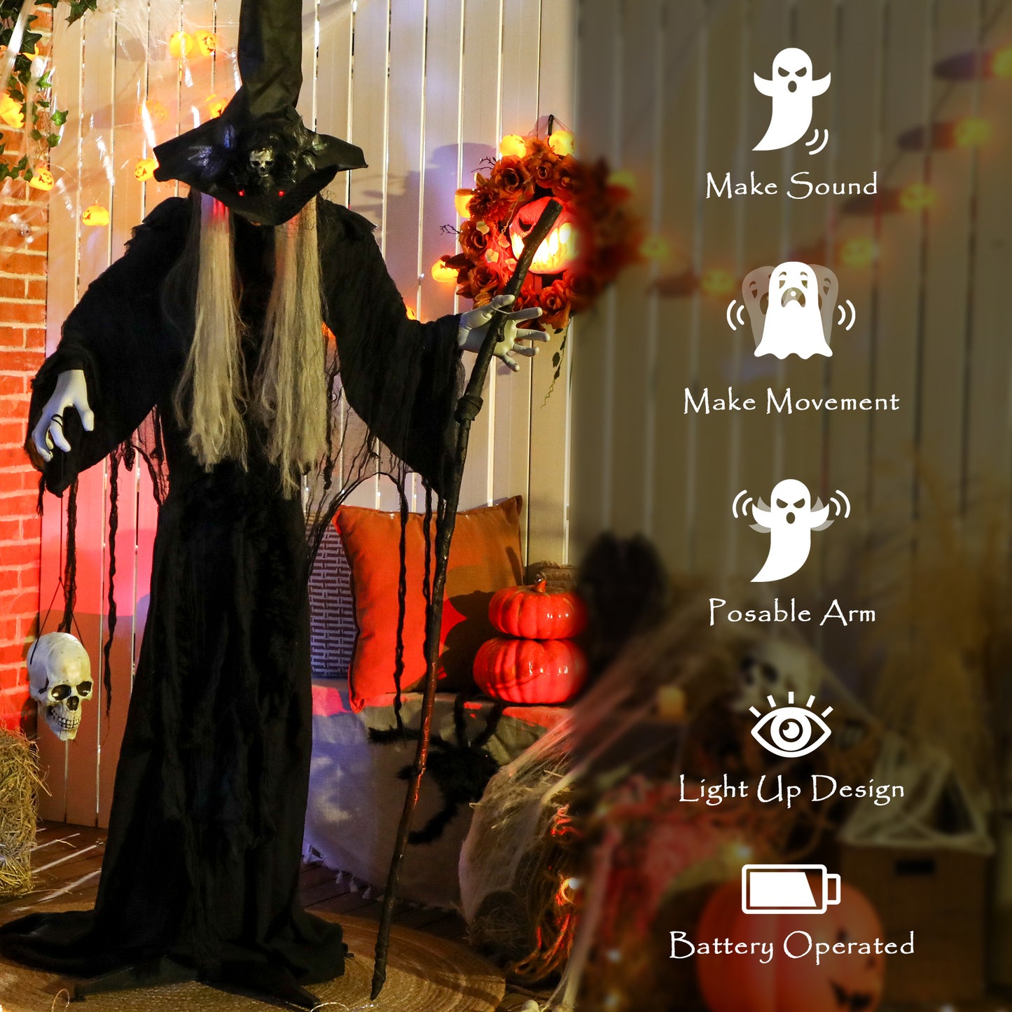 Voice Activated Halloween Animatronics Standing Witch, Black