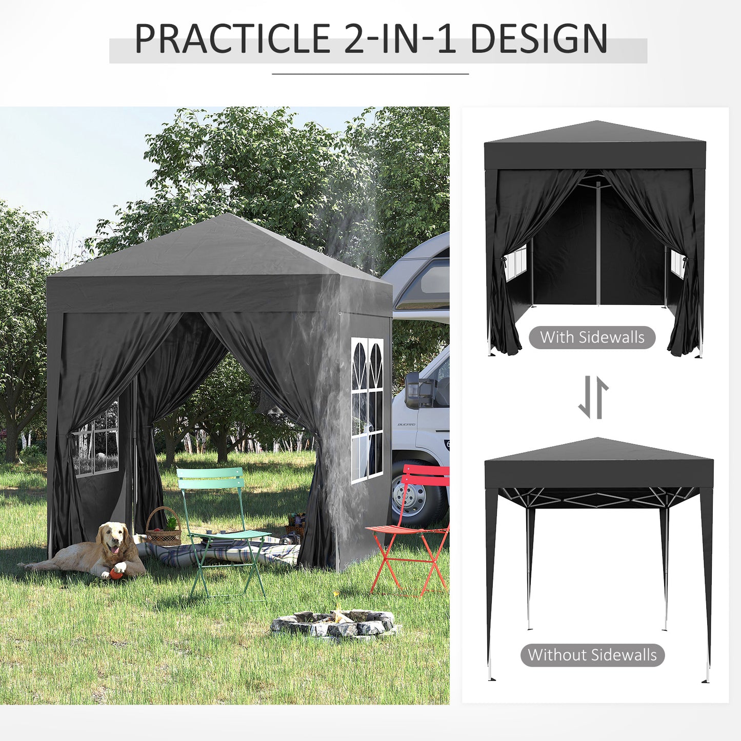 Outsunny 2m x 2m Garden Pop Up Gazebo Marquee Party Tent Wedding Awning Canopy New With free Carrying Case Black + Removable 2 Walls 2 Windows