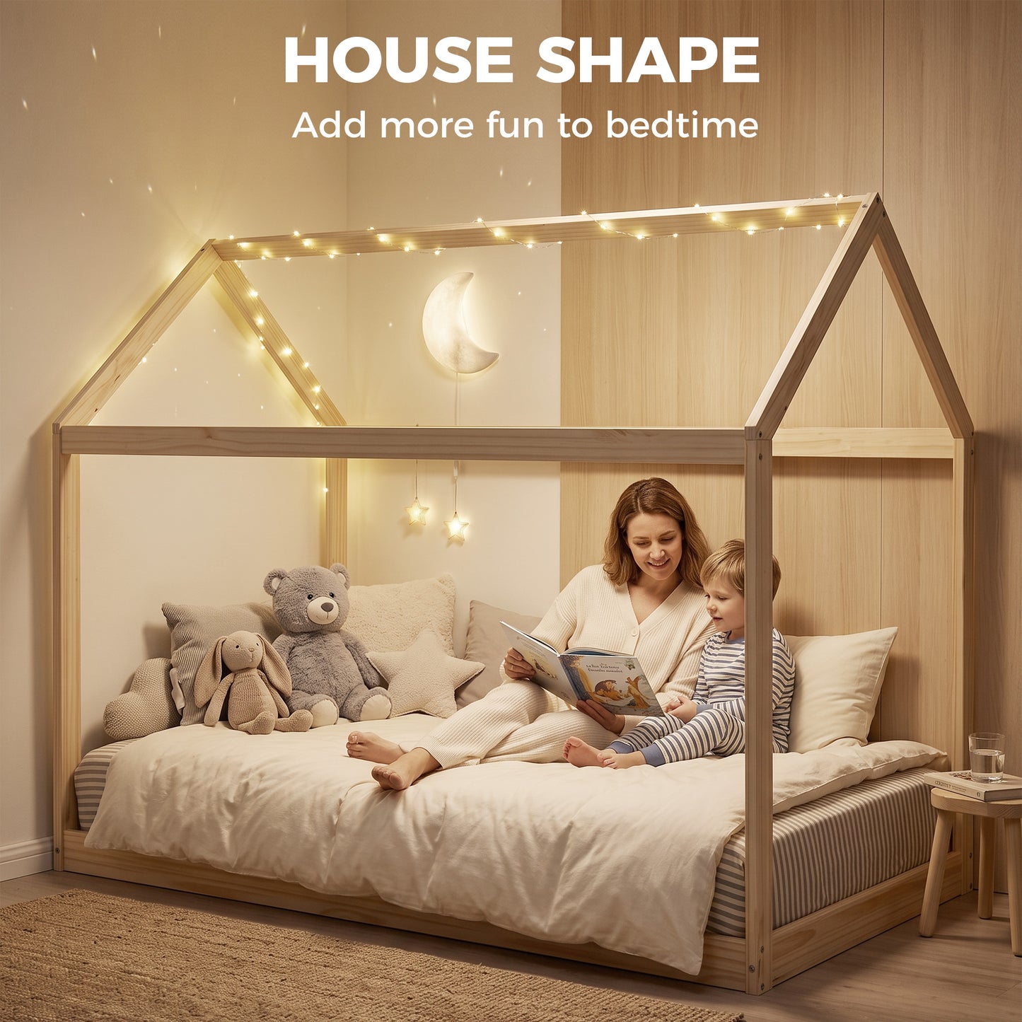 Wooden Single Bed Frame with Tree House Style, Natural Wood Finish