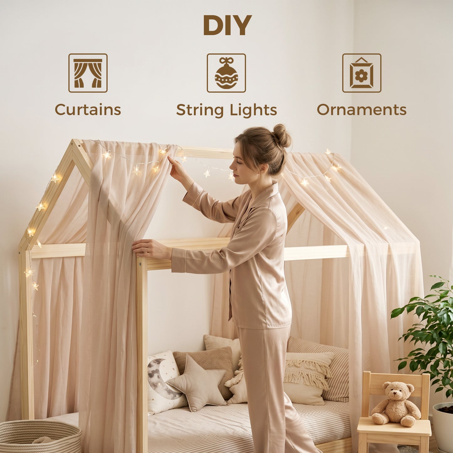 Wooden Single Bed Frame with Tree House Style, Natural Wood Finish