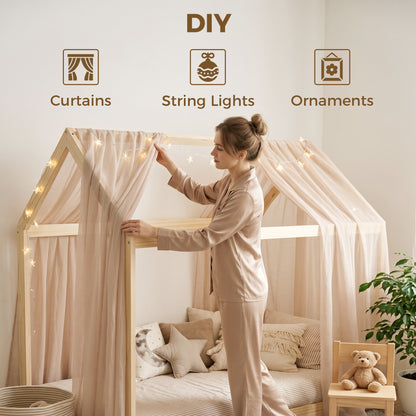 Wooden Single Bed Frame with Tree House Style, Natural Wood Finish