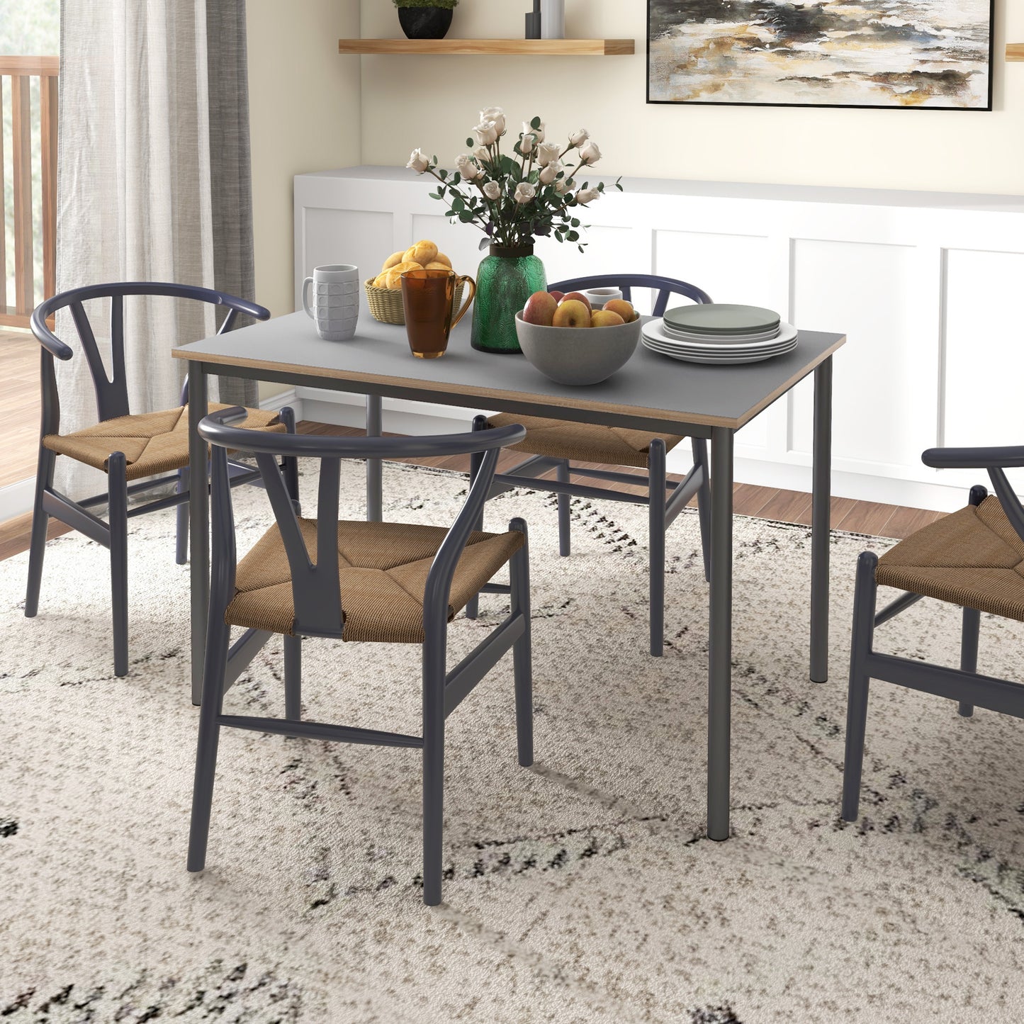 Dining Table w/Steel Frame，Kitchen Table for 4 People，75H x 120L x 70Wcm，Minimalistic Style for Living Room, Dining Room Grey