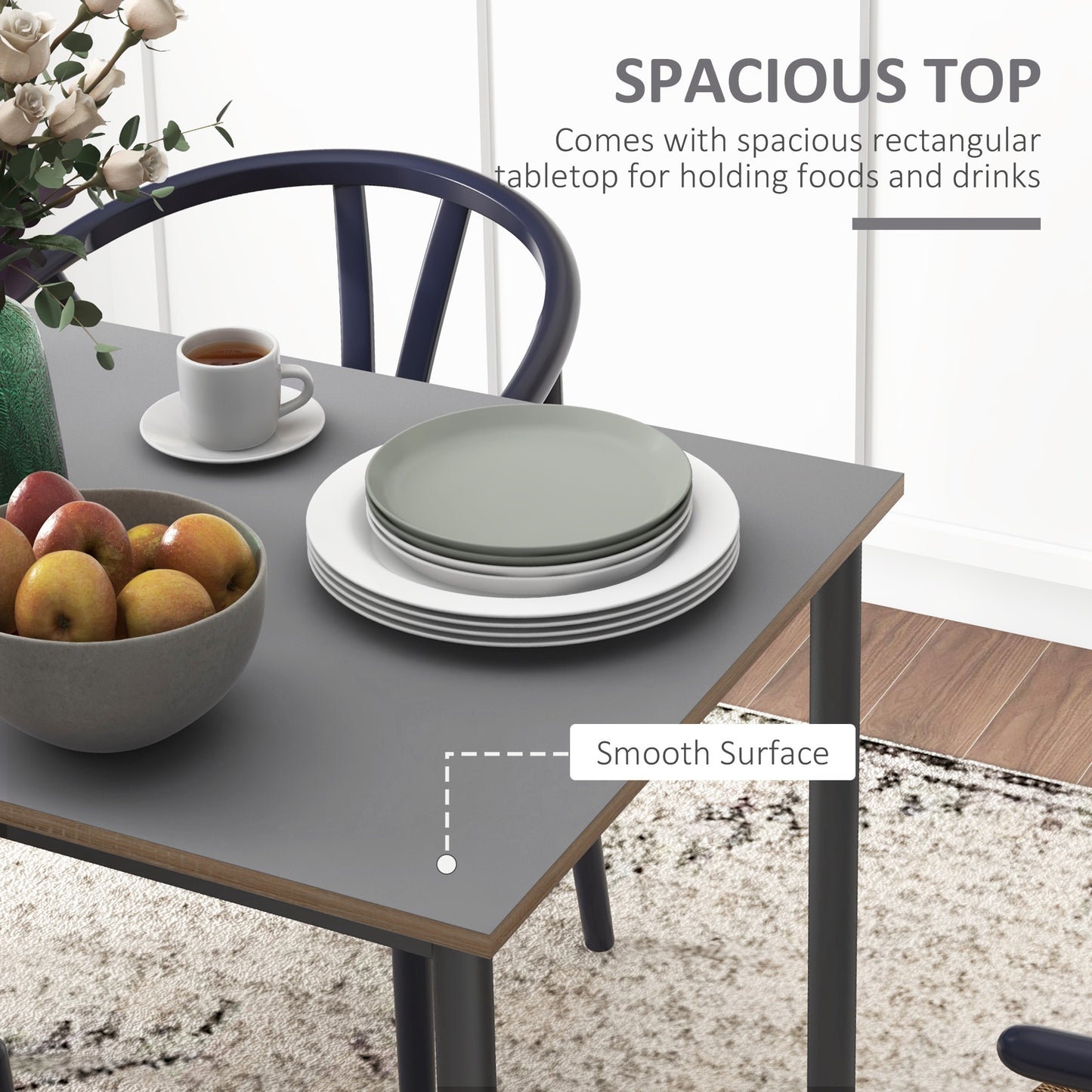 Dining Table w/Steel Frame，Kitchen Table for 4 People，75H x 120L x 70Wcm，Minimalistic Style for Living Room, Dining Room Grey