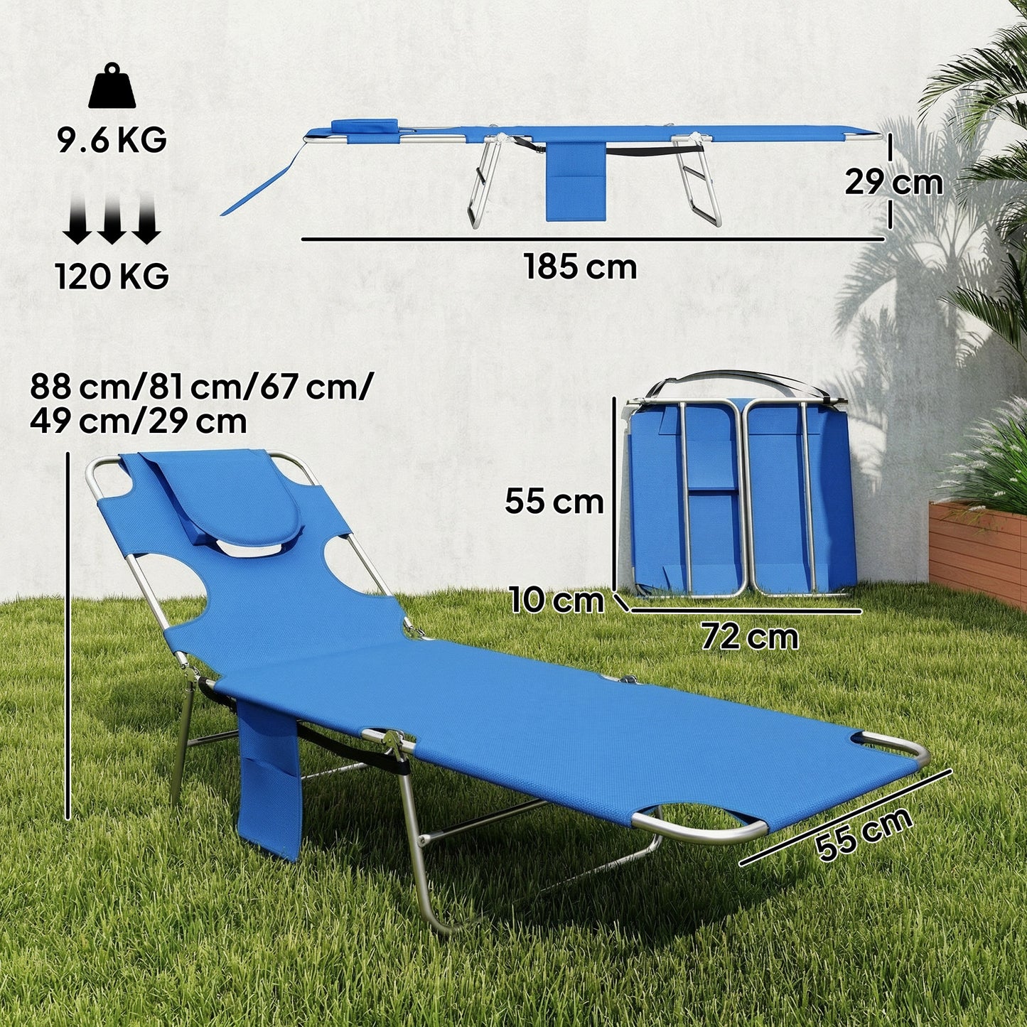 2 Sun Loungers with Reading Hole, Folding Garden Lounger, Blue