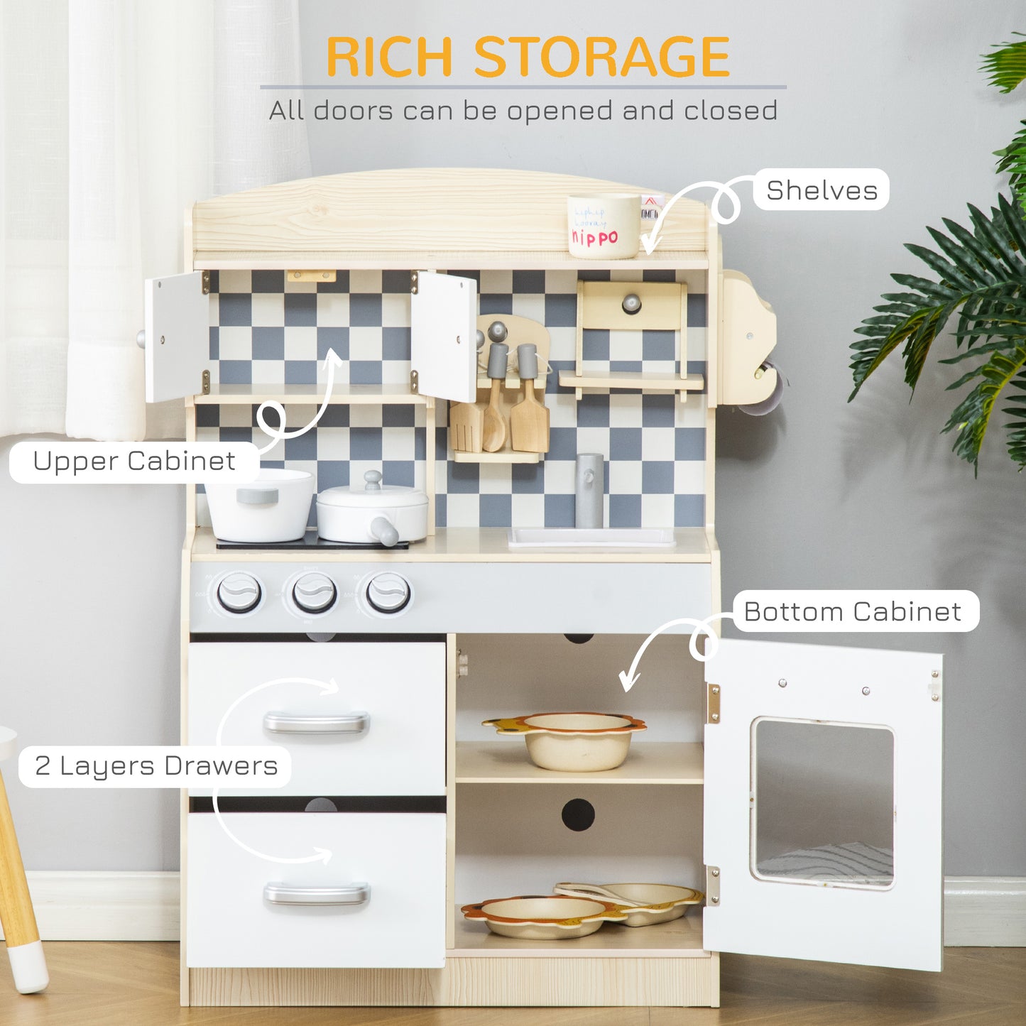 Kids Kitchen Playset Cook Toy Multi-Storage w/ Sink Pots for 3-6 Years