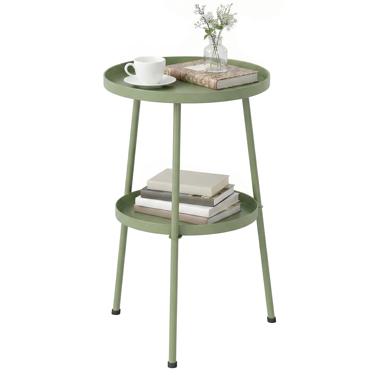 Patio Side Table, 2-Tier Round Coffee End Table, Light Green