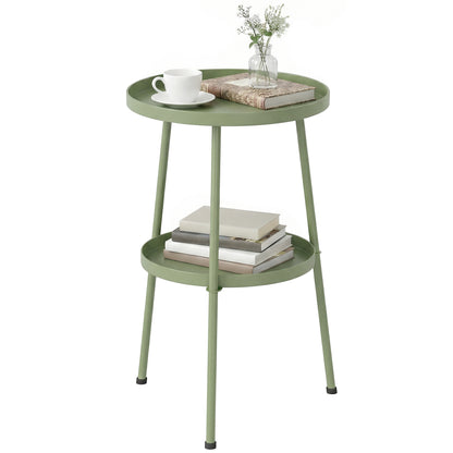 Patio Side Table, 2-Tier Round Coffee End Table, Light Green