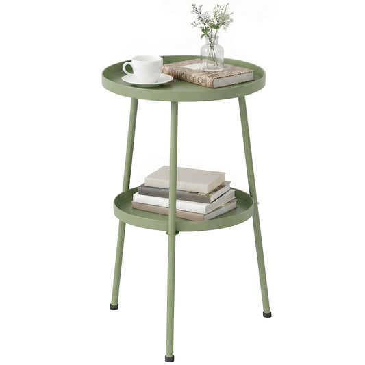 Patio Side Table, 2-Tier Round Coffee End Table, Light Green