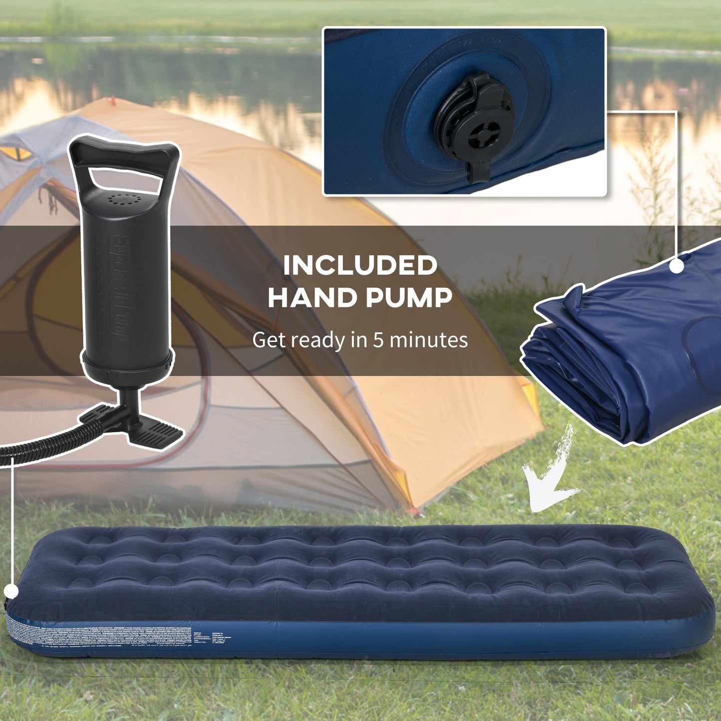 Single Air Mattress, Portable Air Bed with Flocked Surface, Blue