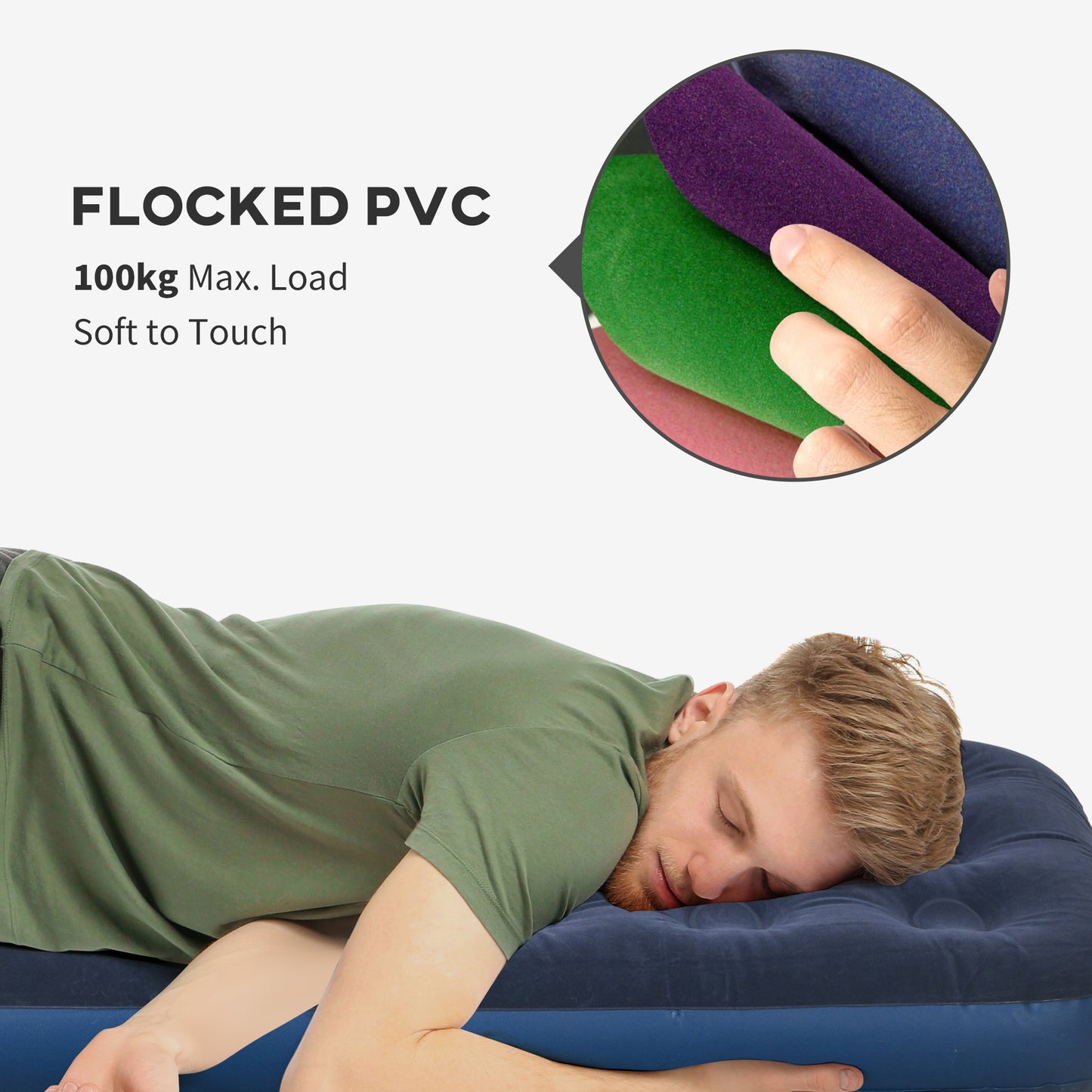 Single Air Mattress, Portable Air Bed with Flocked Surface, Blue