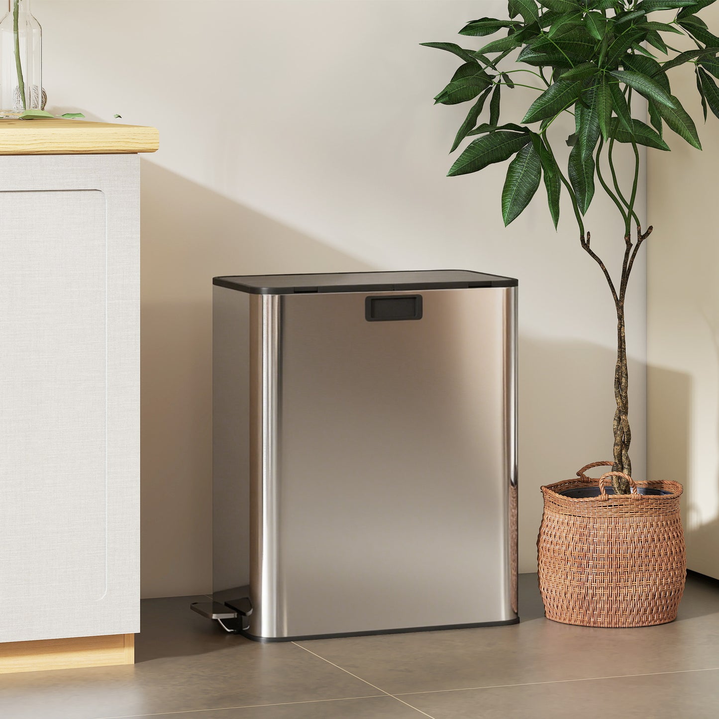 56L Dual Kitchen Bin with Removable Inner Buckets for Recycling and Waste