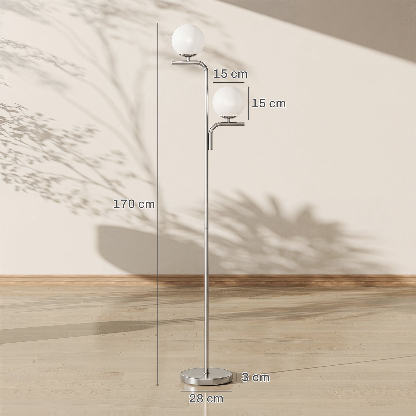 LED Floor Lamp, Modern Standing Lamp with 3 Colour Temperatures, Globe Glass Shades and Foot Switch, for Living Room Bedroom Home Office, Silver Tone