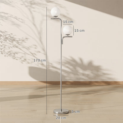 LED Floor Lamp, Modern Standing Lamp with 3 Colour Temperatures, Globe Glass Shades and Foot Switch, for Living Room Bedroom Home Office, Silver Tone