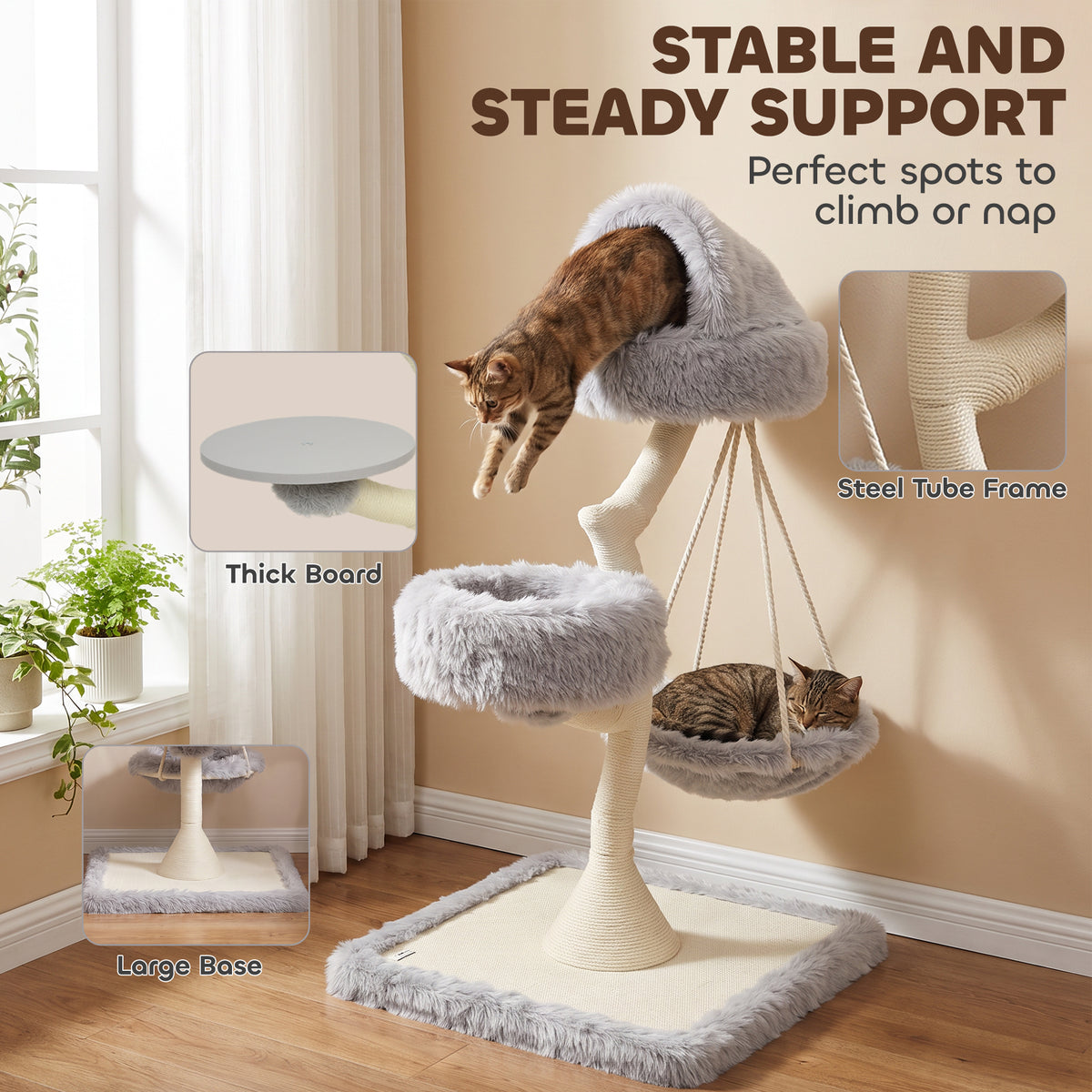 115cm Branch-Style Cat Tree with 2 Washable Beds and Hammock - Light Grey