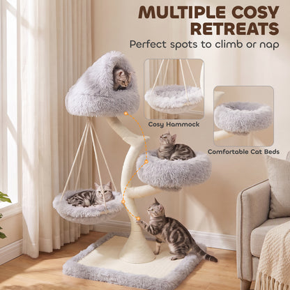 115cm Branch-Style Cat Tree with 2 Washable Beds and Hammock - Light Grey