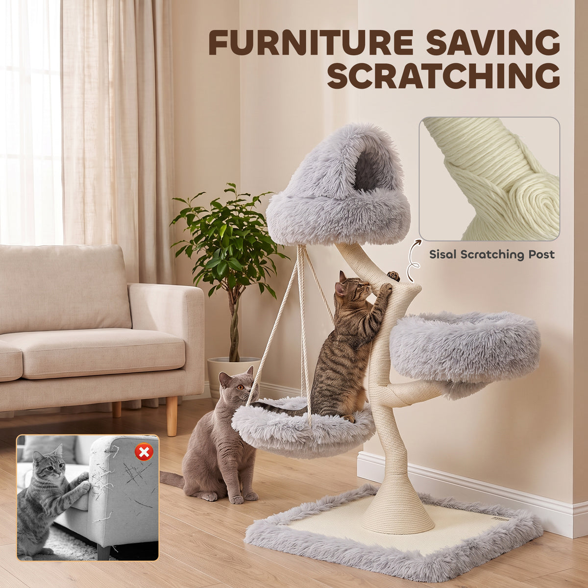 115cm Branch-Style Cat Tree with 2 Washable Beds and Hammock - Light Grey