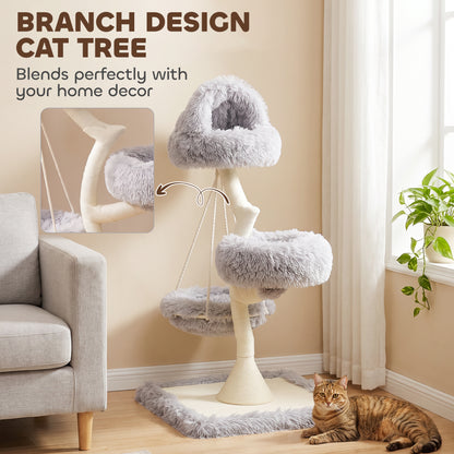 115cm Branch-Style Cat Tree with 2 Washable Beds and Hammock - Light Grey