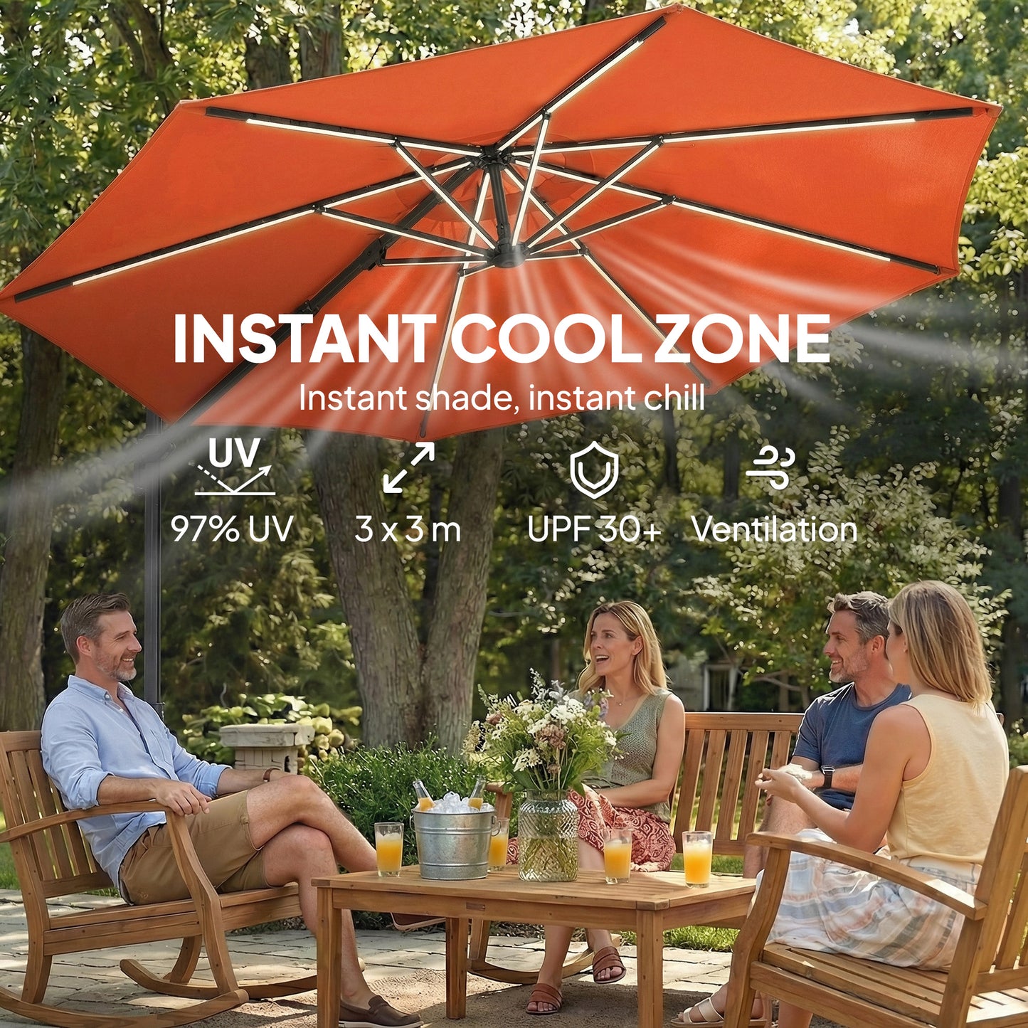 3 m Garden Cantilever Parasol with Solar Light, Rotation, Orange