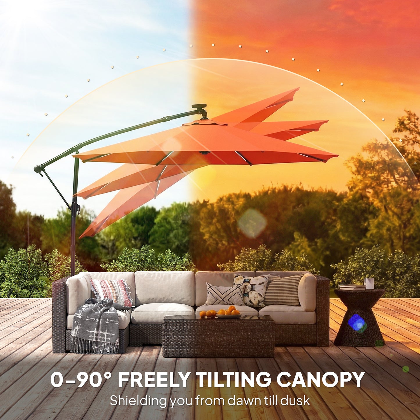 3 m Garden Cantilever Parasol with Solar Light, Rotation, Orange