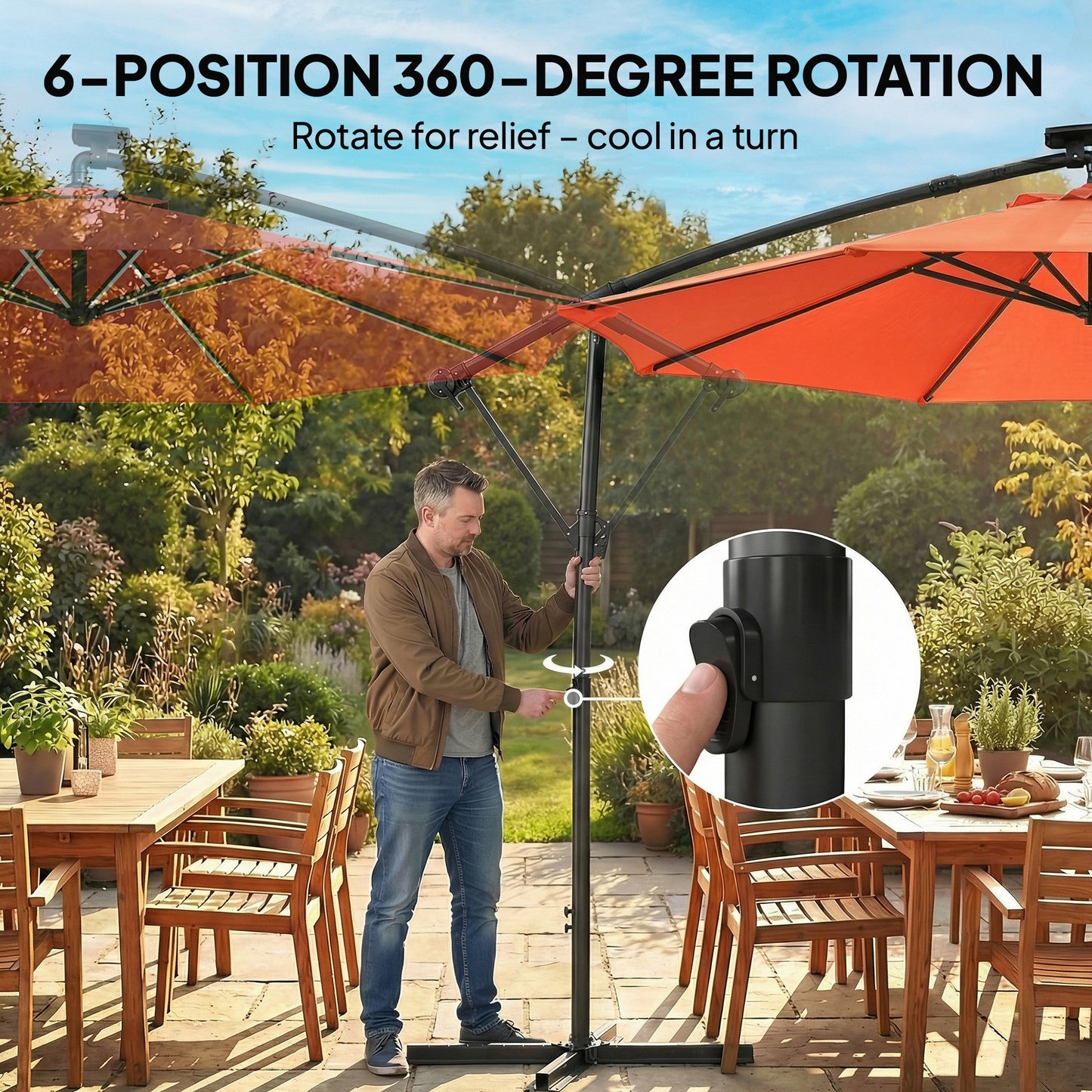 3 m Garden Cantilever Parasol with Solar Light, Rotation, Orange
