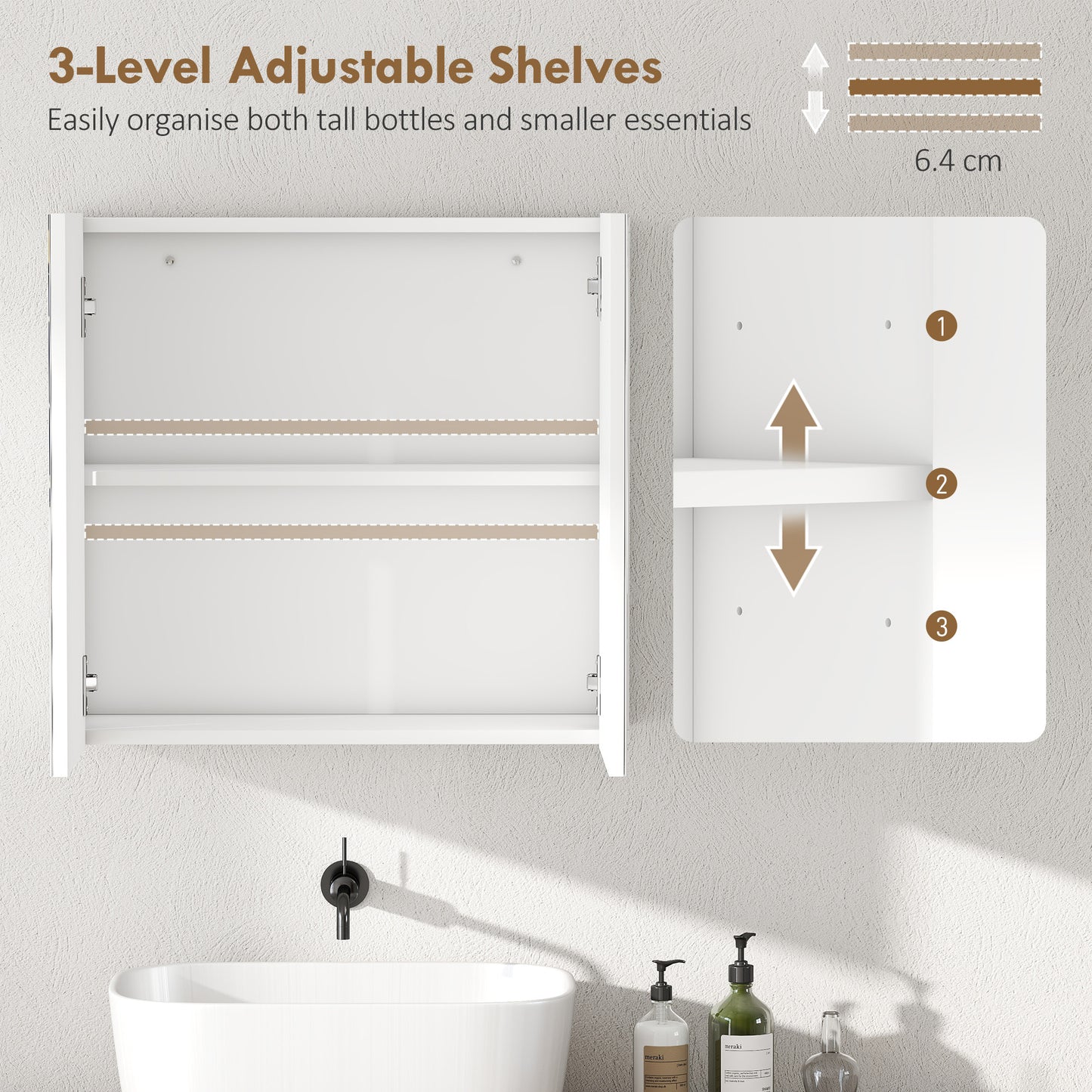 Bathroom Mirror Cabinet with 2 Doors and Adjustable Shelf, White