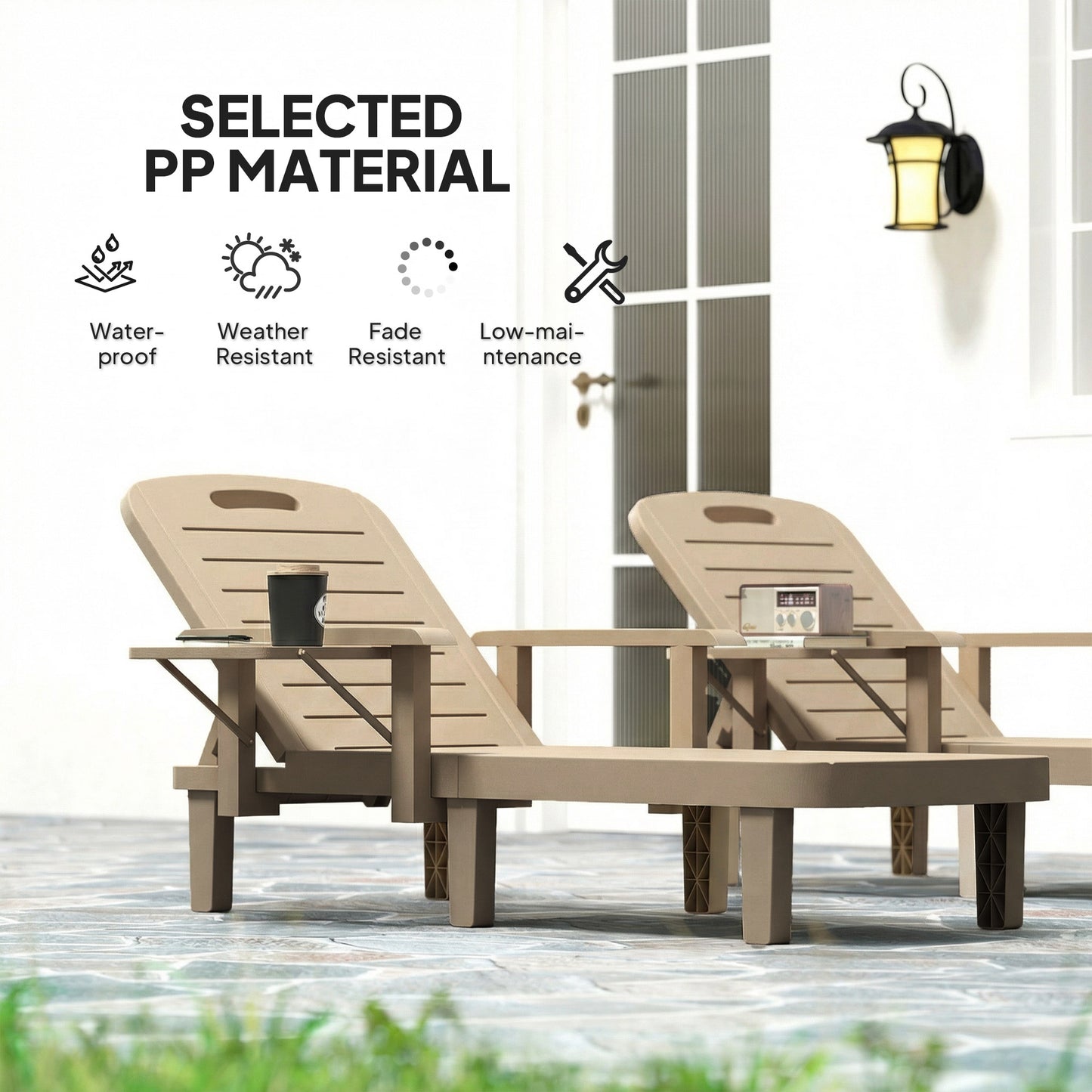Set of 2 Resin Reclining Sun Loungers for Garden, Khaki