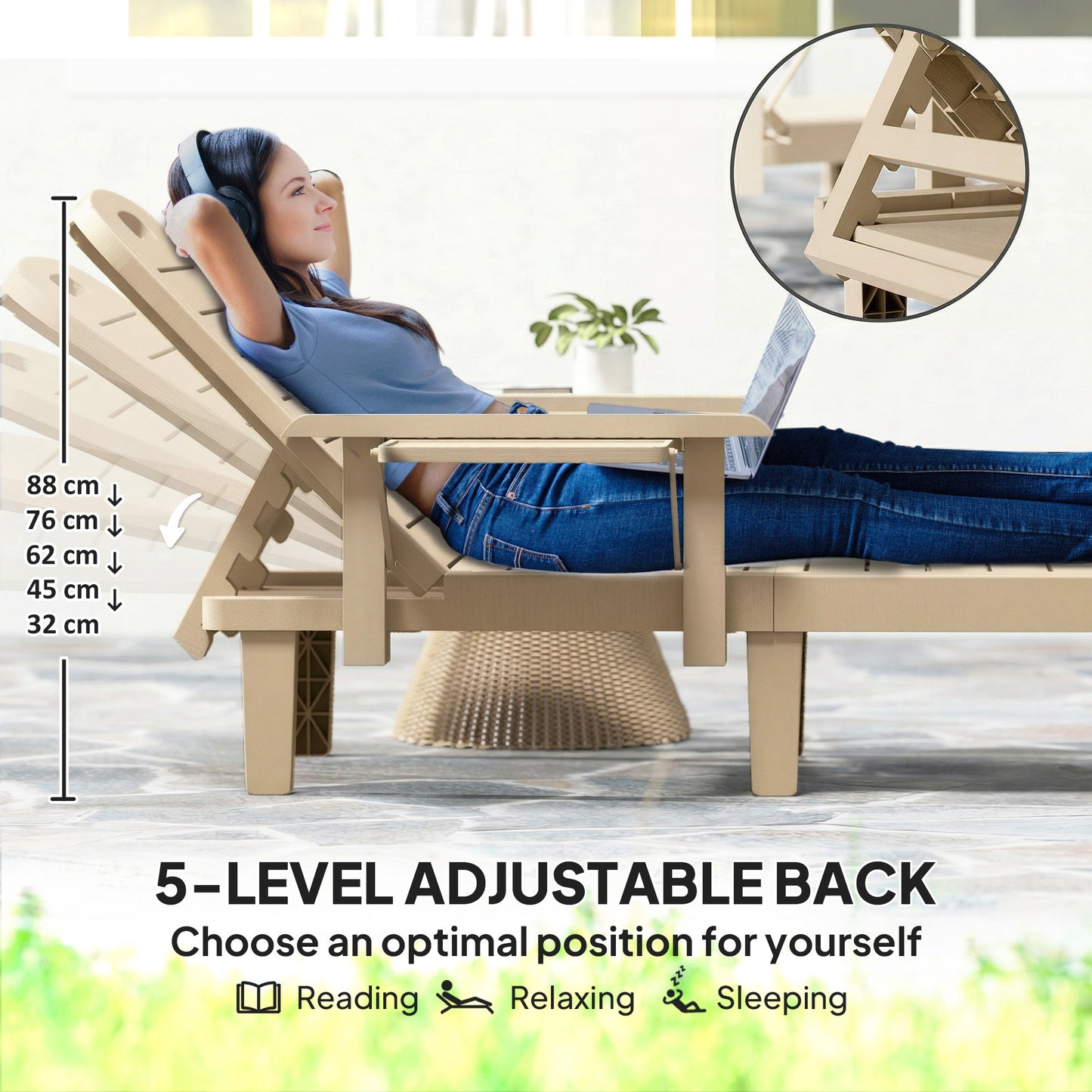 Set of 2 Resin Reclining Sun Loungers for Garden, Khaki