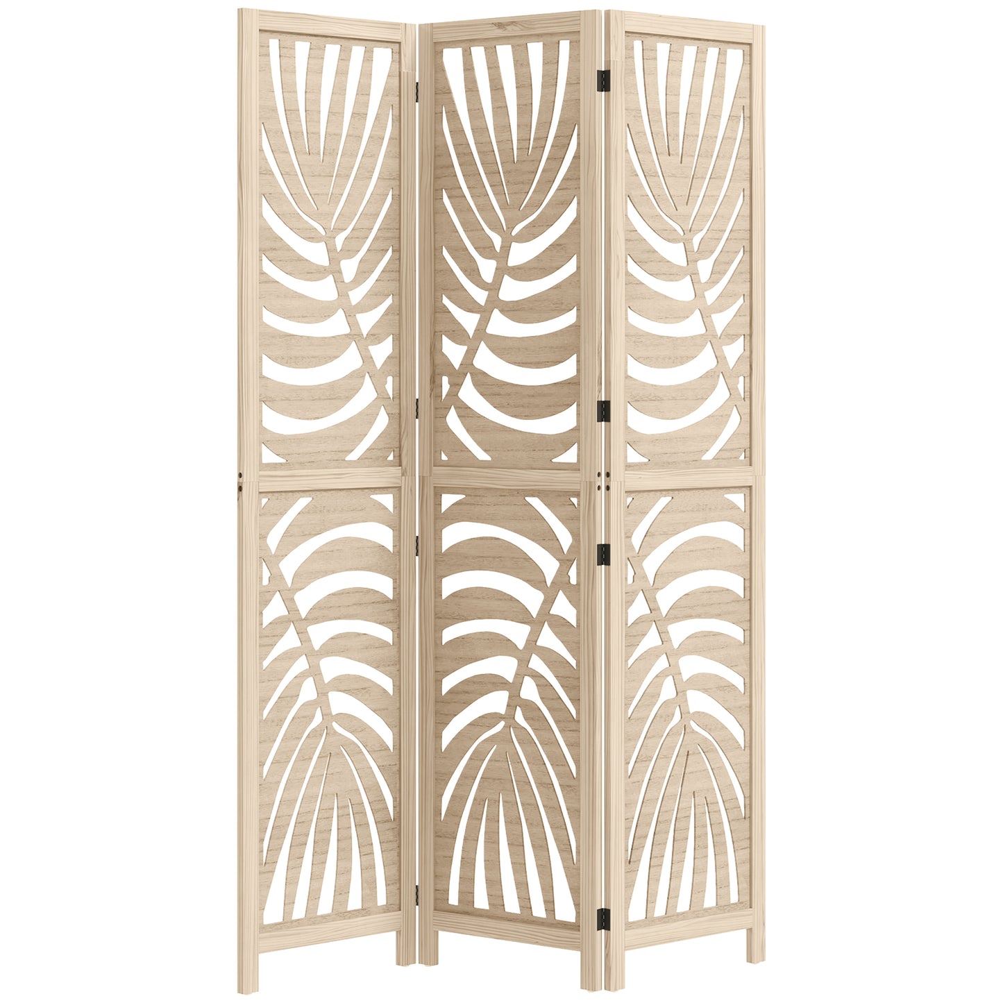 3 Panel Privacy Screens with Palm Leaf Design, Natural Wood Finish
