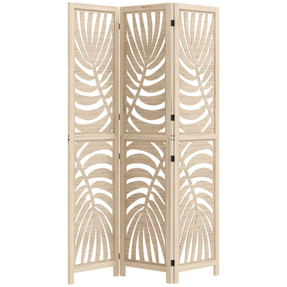 3 Panel Privacy Screens with Palm Leaf Design, Natural Wood Finish