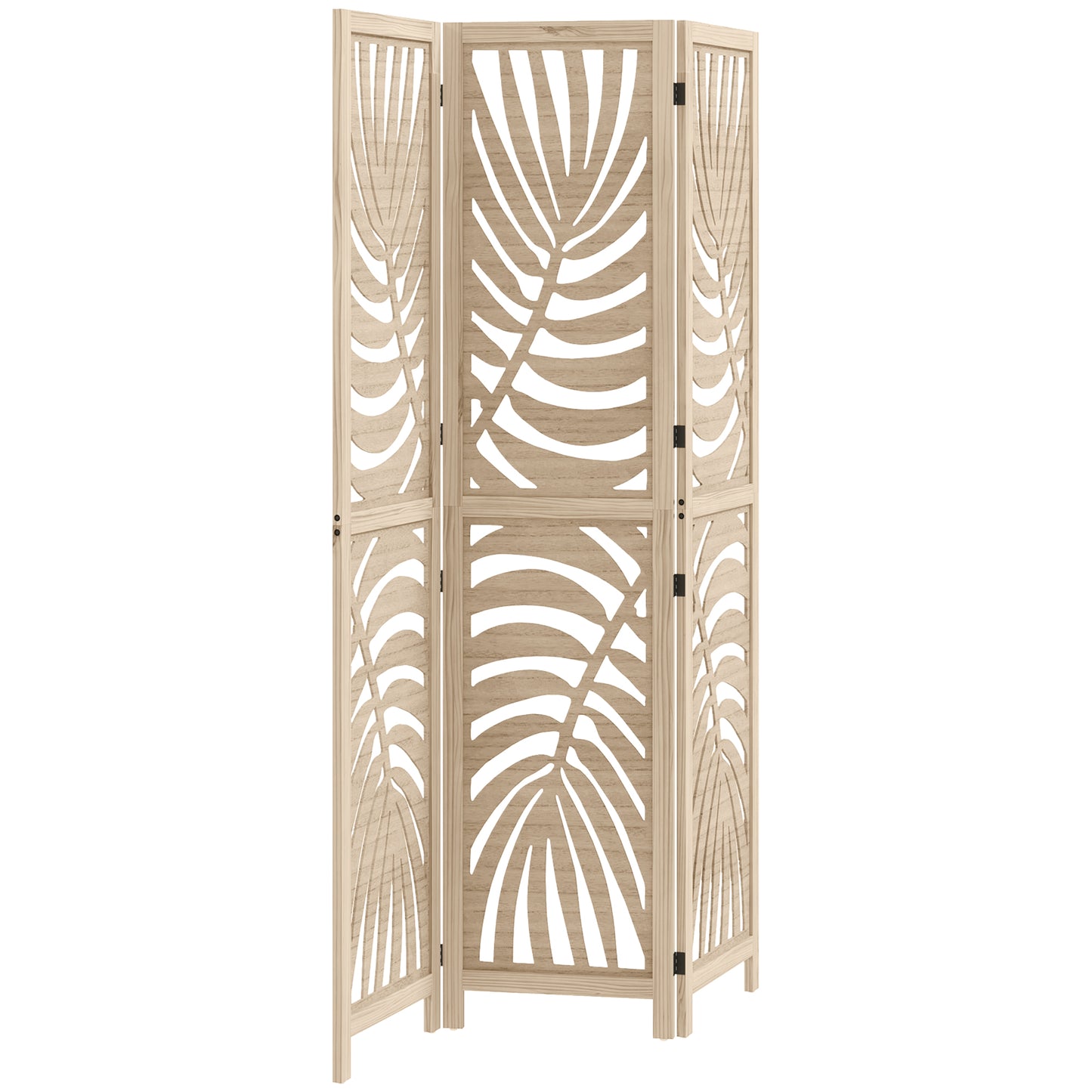 3 Panel Privacy Screens with Palm Leaf Design, Natural Wood Finish