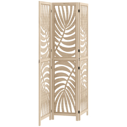 3 Panel Privacy Screens with Palm Leaf Design, Natural Wood Finish