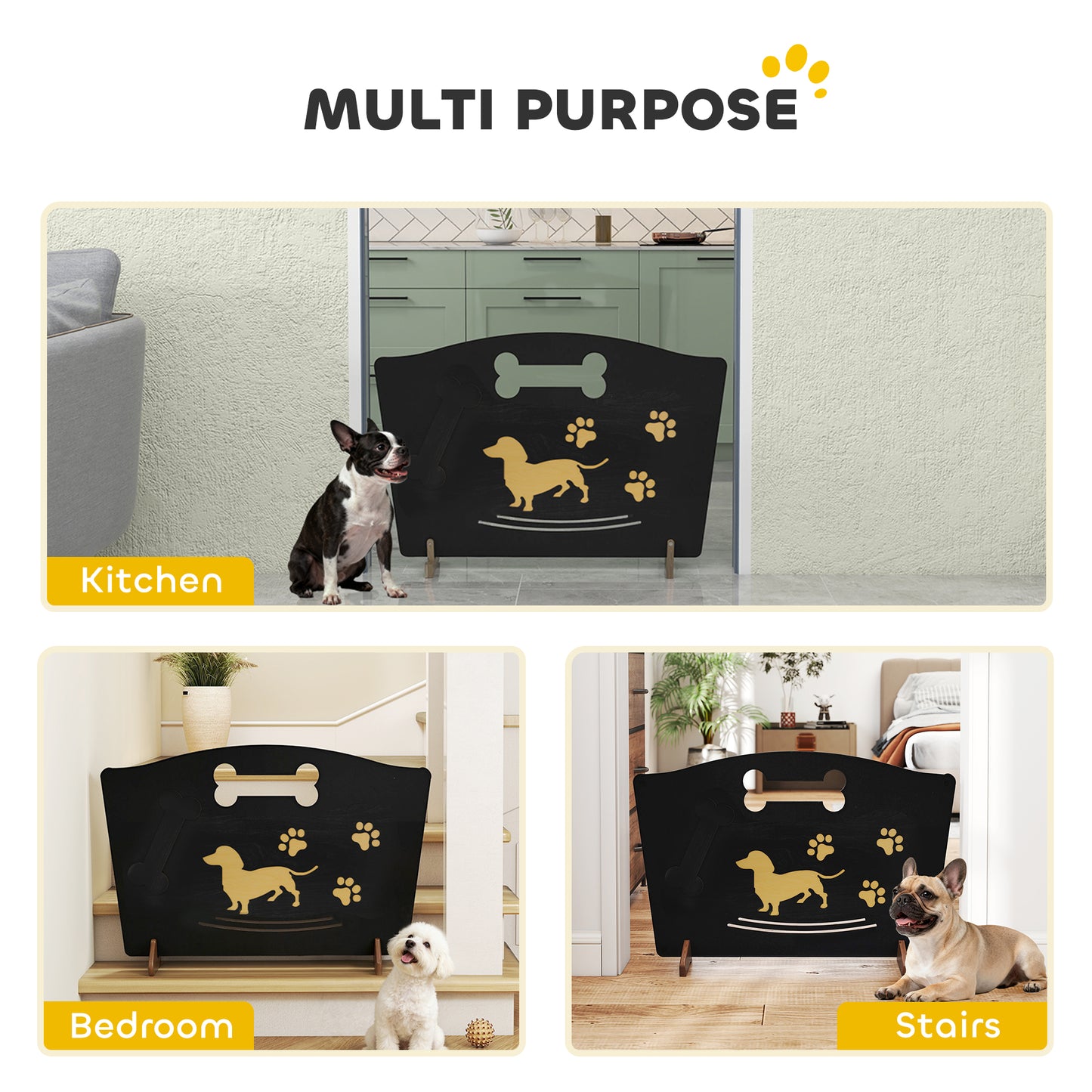Wooden Dog Stopper, Freestanding Dog Gate with Support Feet, Black