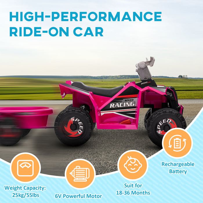 6V Quad Bike with Back Trailer, Wear-Resistant Wheels for Ages 18-36 Months, Pink