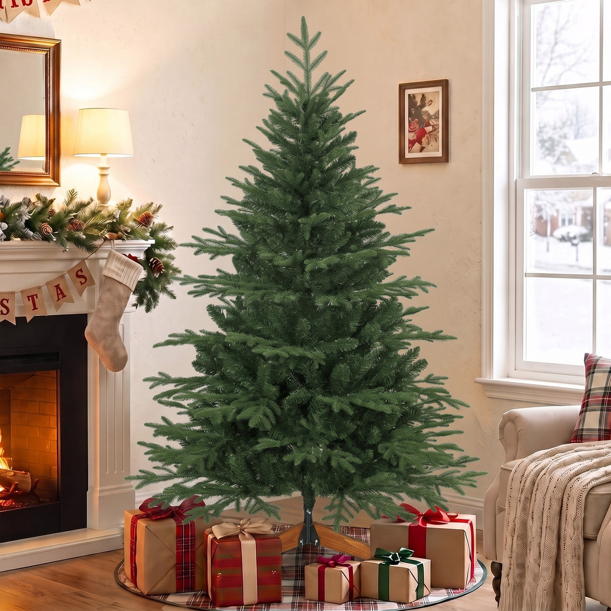 150 cm Artificial Christmas Tree Solid Pine Wood Stand, Green