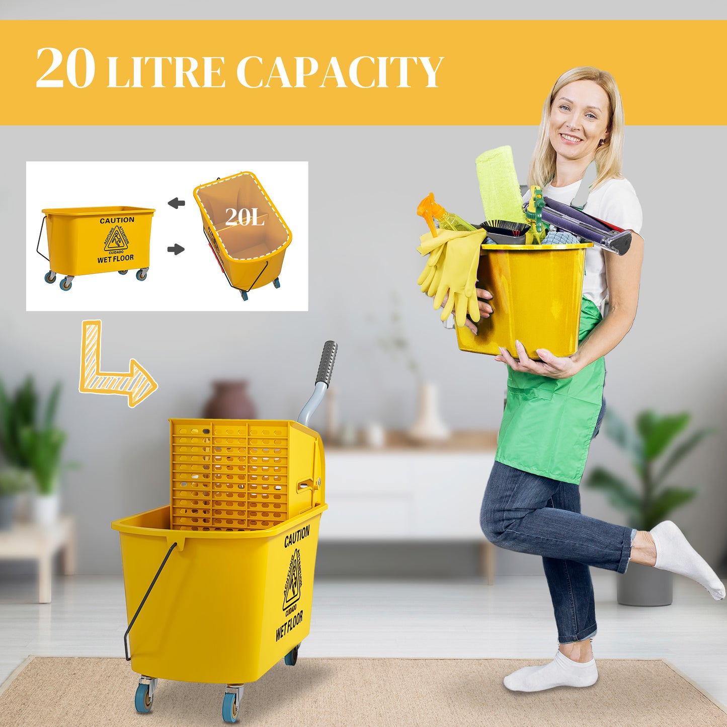 Mop Bucket with Wringer on Wheels for Floor Cleaning 20 Litre Yellow