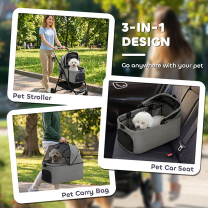 Dog Stroller, 3 in 1 Foldable Pet Stroller for Small Puppy Cat with Detachable Travel Carrier, 4 Wheels Dog Pram with Storage Basket, Seat Leashes, Mesh Window, Grey