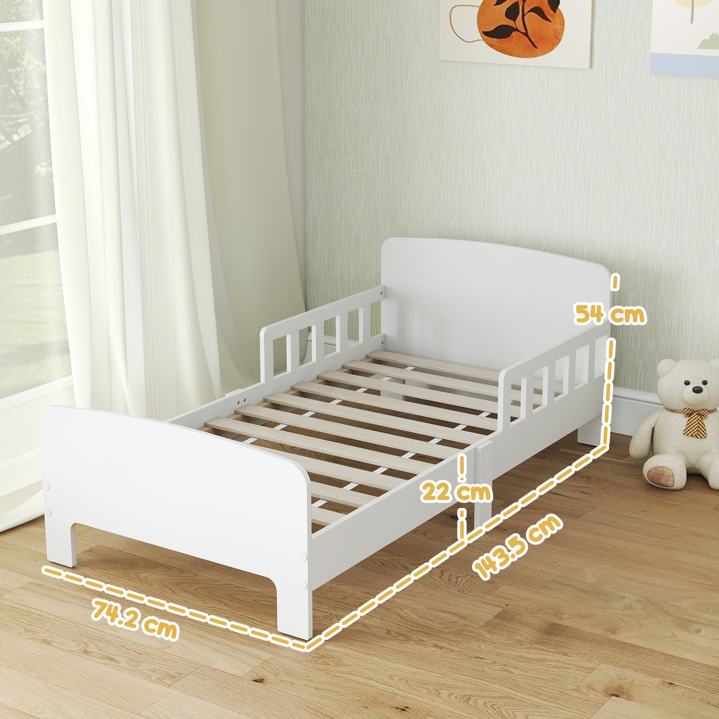 Kids Toddler Bed Frame with Safety Side Rails for 3-8 Years, White