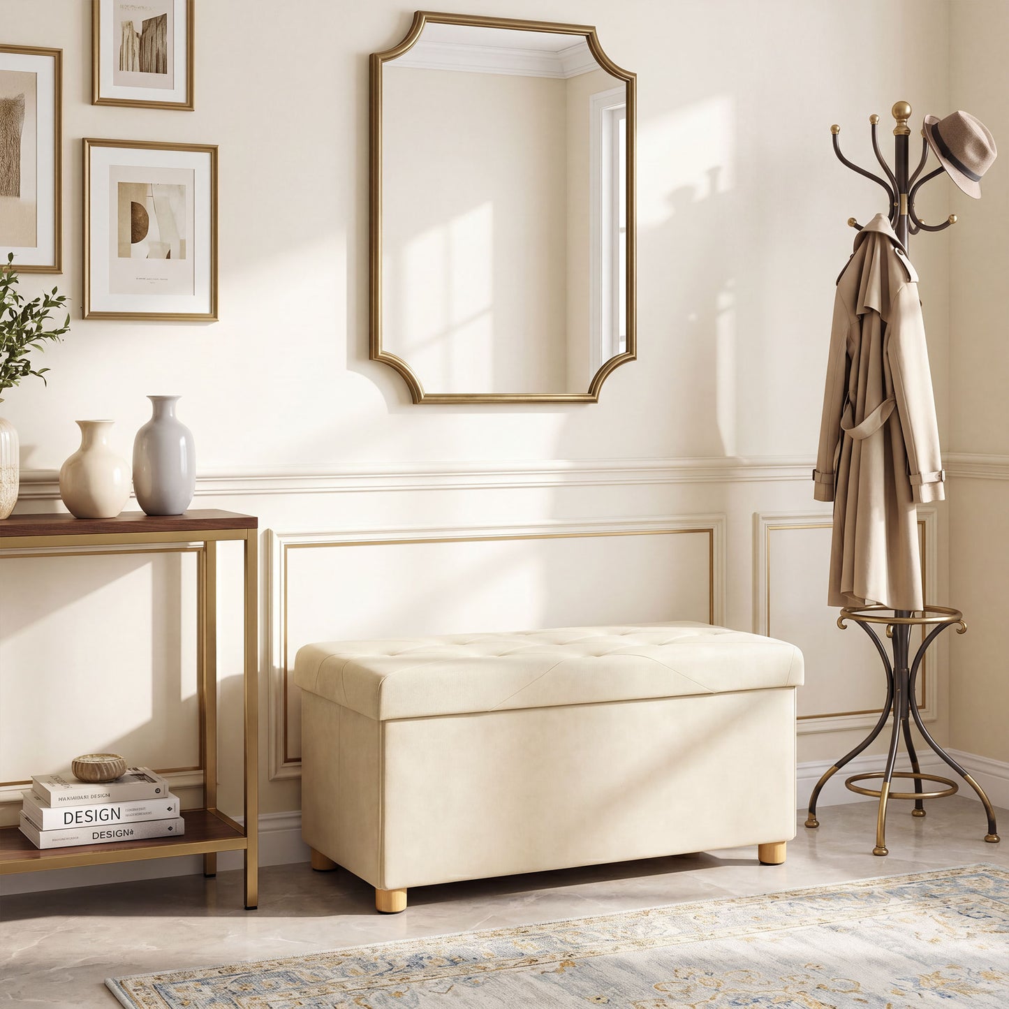 Velvet Upholstered Foldable Ottoman Footrest with Wood Legs, Cream
